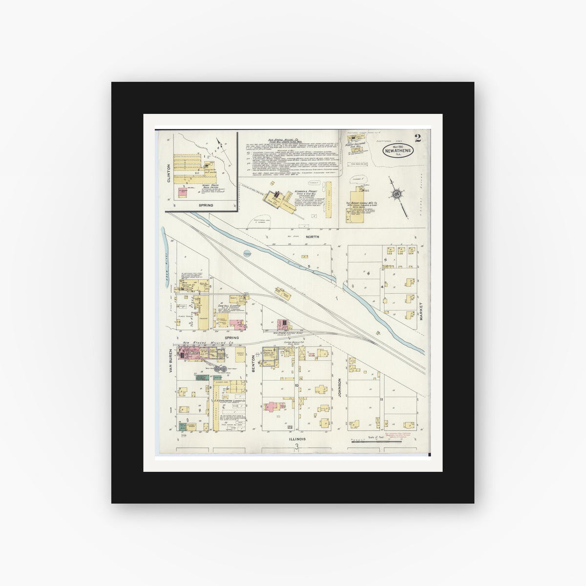 Old map wall art mockup — black gallery frame with white mat — Sanborn Fire Insurance Map from New Athens, Saint Clair County, Illinois (1910), Sheet #0002