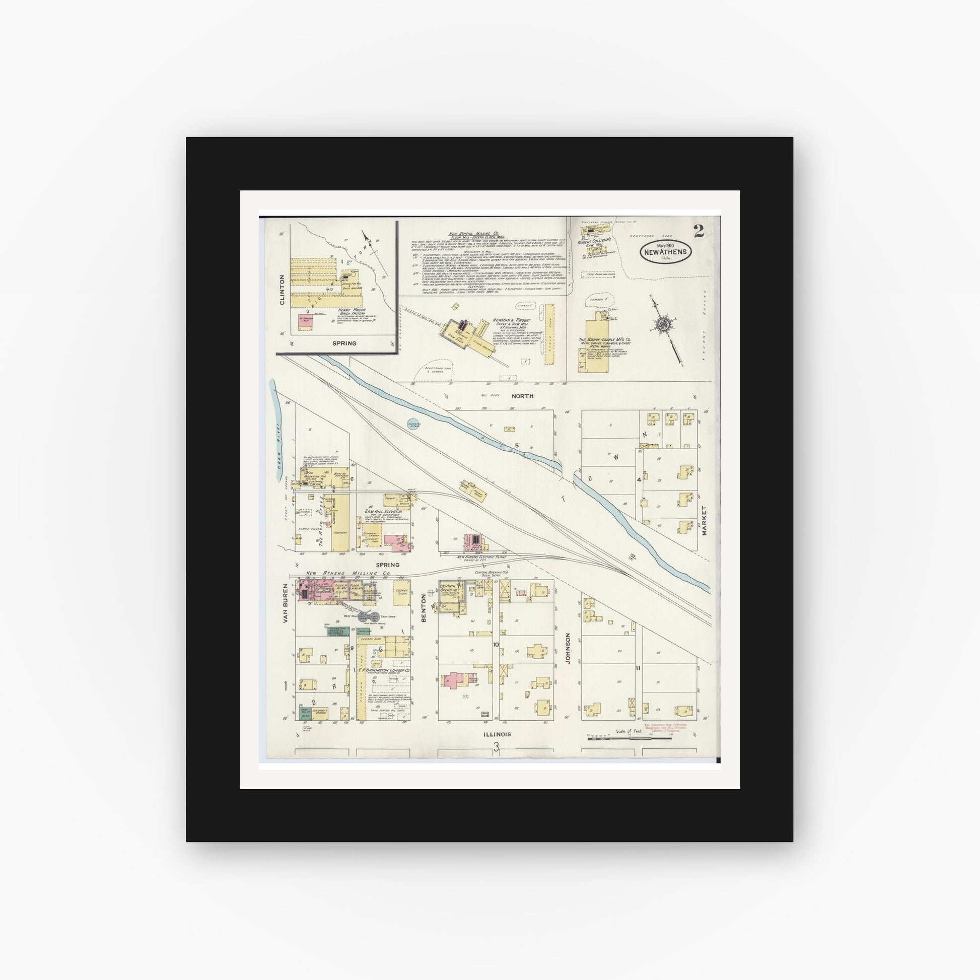 Old map wall art mockup — black gallery frame with white mat — Sanborn Fire Insurance Map from New Athens, Saint Clair County, Illinois (1910), Sheet #0002