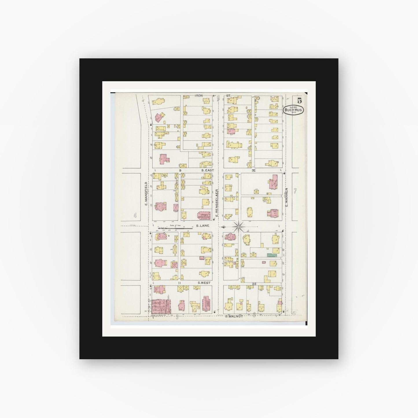 Old map wall art mockup — black gallery frame with white mat — Sanborn Fire Insurance Map from Bucyrus, Crawford County, Ohio (1892), Sheet #0005