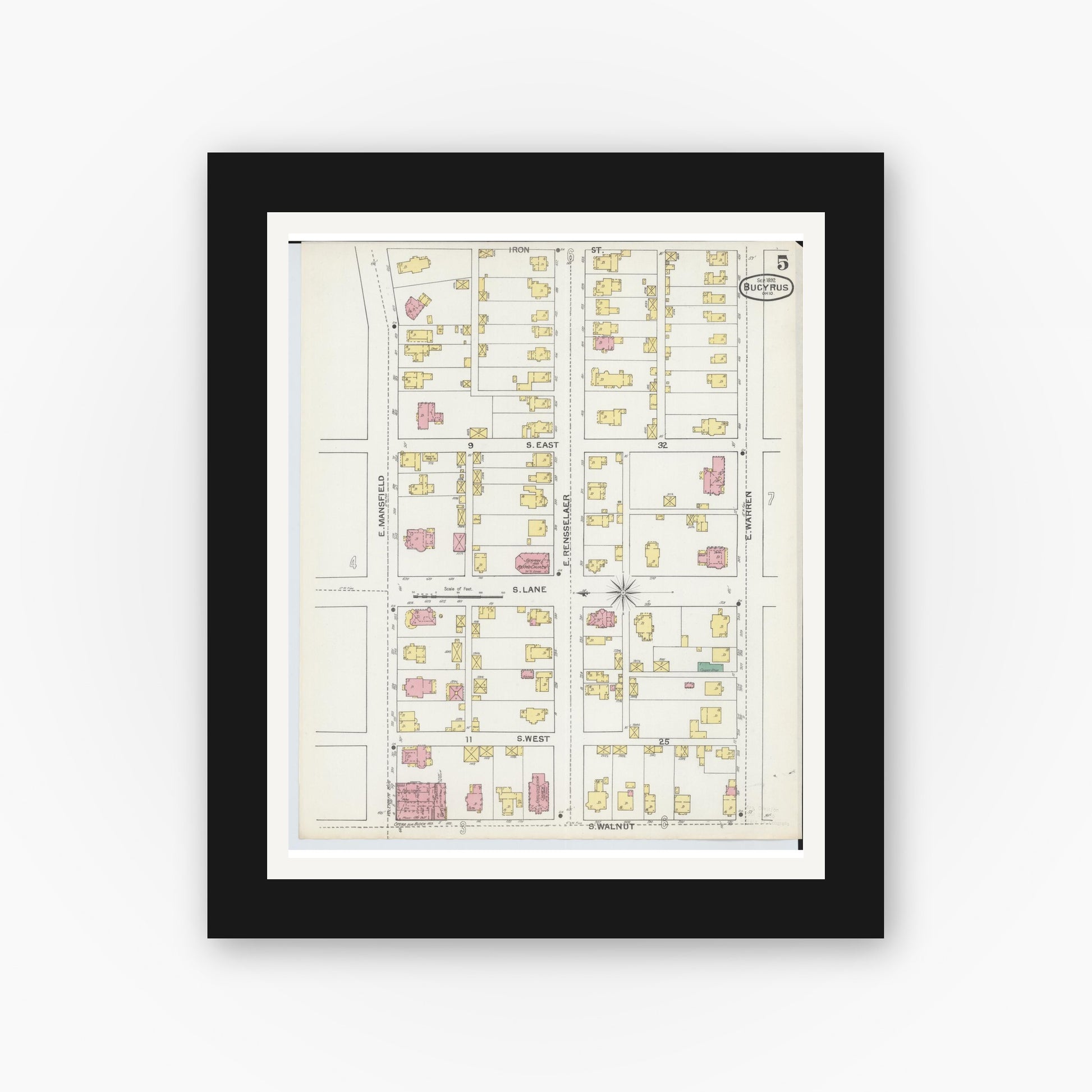 Old map wall art mockup — black gallery frame with white mat — Sanborn Fire Insurance Map from Bucyrus, Crawford County, Ohio (1892), Sheet #0005