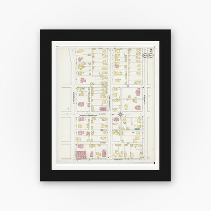 Old map wall art mockup — black gallery frame with white mat — Sanborn Fire Insurance Map from Bucyrus, Crawford County, Ohio (1892), Sheet #0005