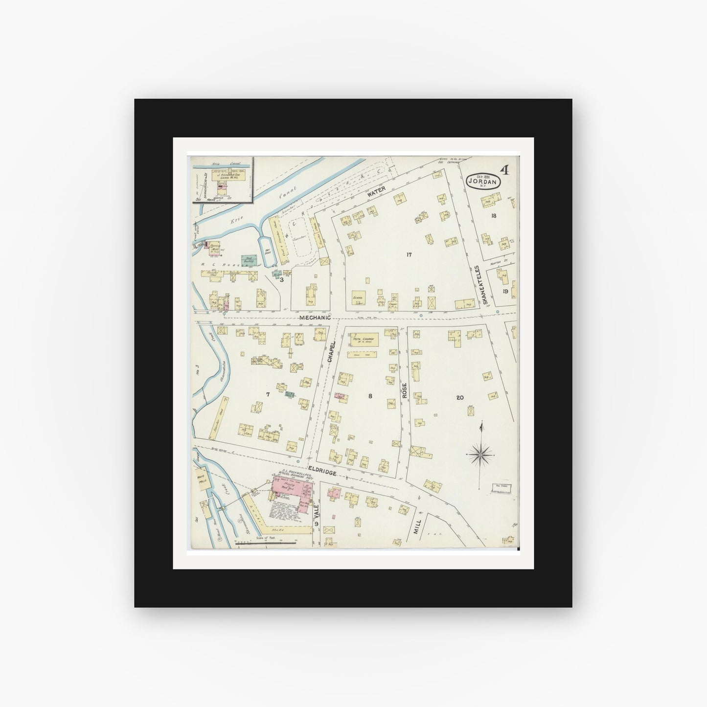Old map wall art mockup — black gallery frame with white mat — Sanborn Fire Insurance Map from Jordan, Onondaga County, New York (1890), Sheet #0004