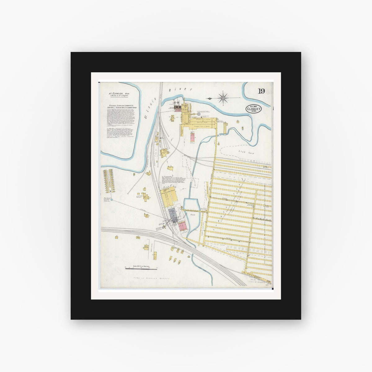 Old map wall art mockup — black gallery frame with white mat — Sanborn Fire Insurance Map from Cloquet, Carlton County, Minnesota (1905), Sheet #0019