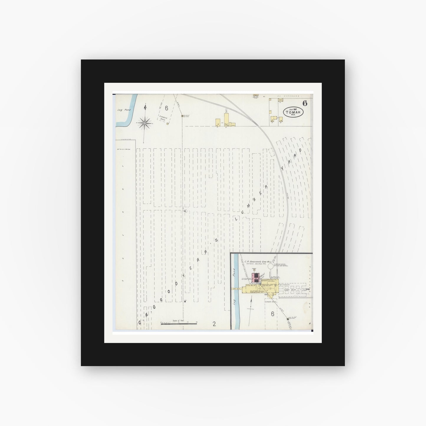 Old map wall art mockup — black gallery frame with white mat — Sanborn Fire Insurance Map from Tomah, Monroe County, Wisconsin (1897), Sheet #0006