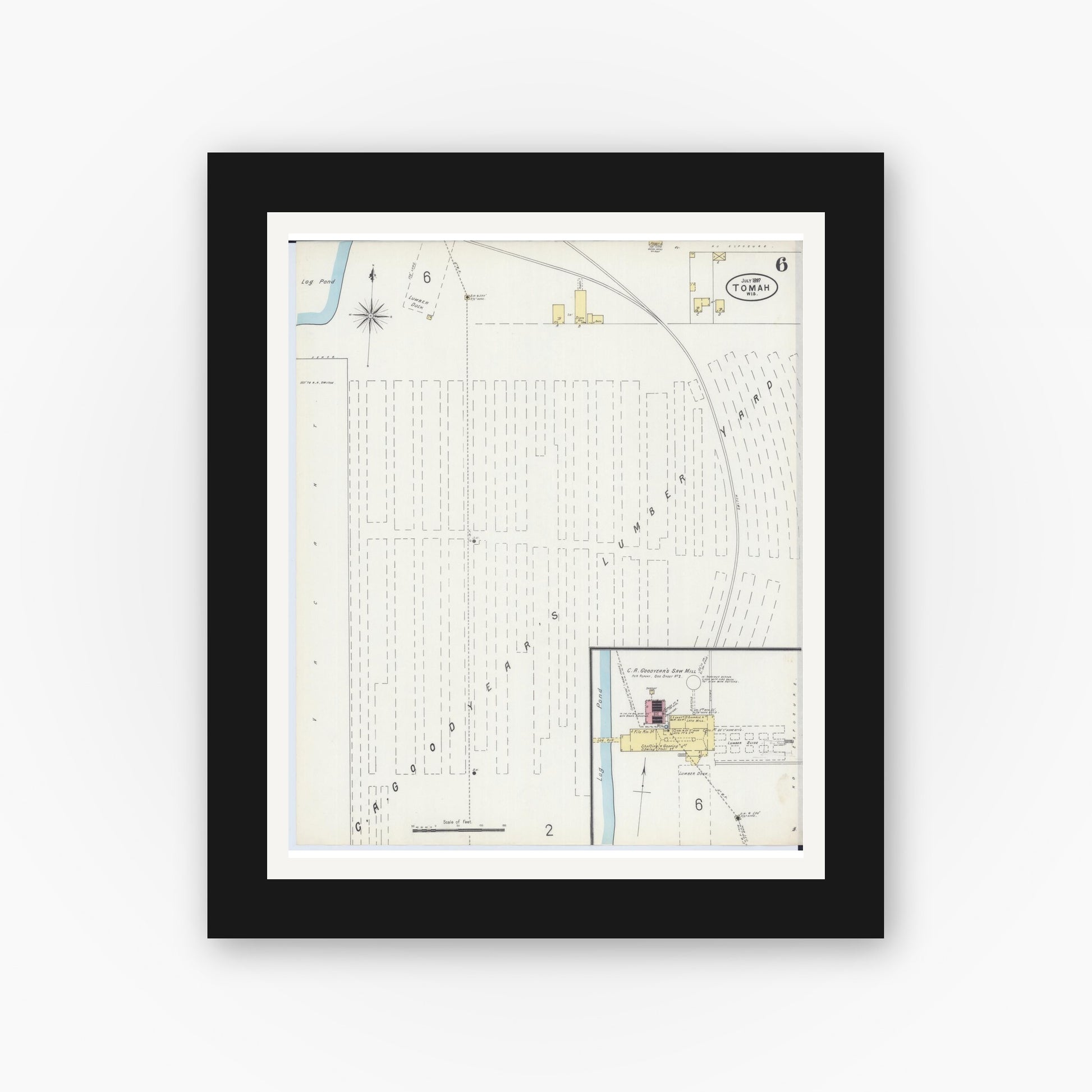 Old map wall art mockup — black gallery frame with white mat — Sanborn Fire Insurance Map from Tomah, Monroe County, Wisconsin (1897), Sheet #0006