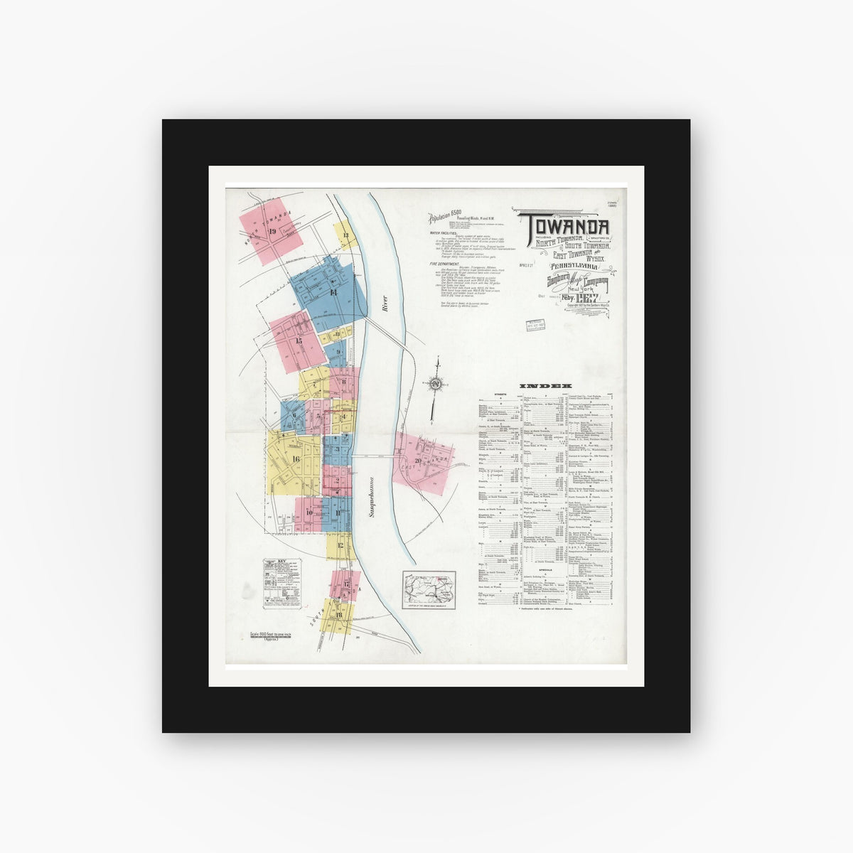 Old map wall art mockup — black gallery frame with white mat — Sanborn Fire Insurance Map from Towanda, Bradford County, Pennsylvania (1927) - Complete Map Set