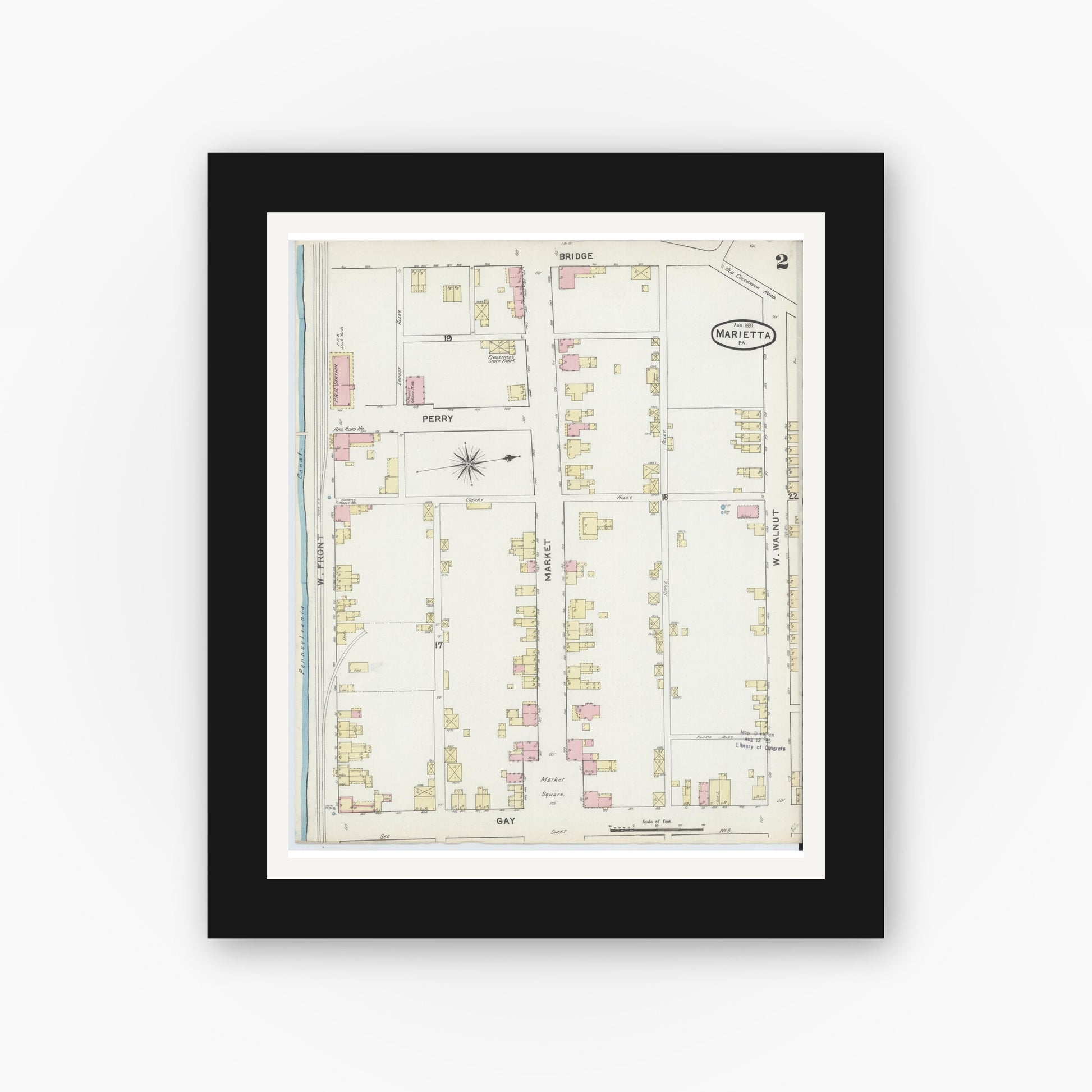 Old map wall art mockup — black gallery frame with white mat — Sanborn Fire Insurance Map from Marietta, Lancaster County, Pennsylvania (1891), Sheet #0002