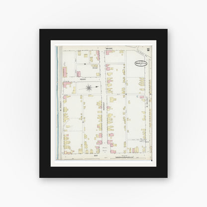 Old map wall art mockup — black gallery frame with white mat — Sanborn Fire Insurance Map from Marietta, Lancaster County, Pennsylvania (1891), Sheet #0002