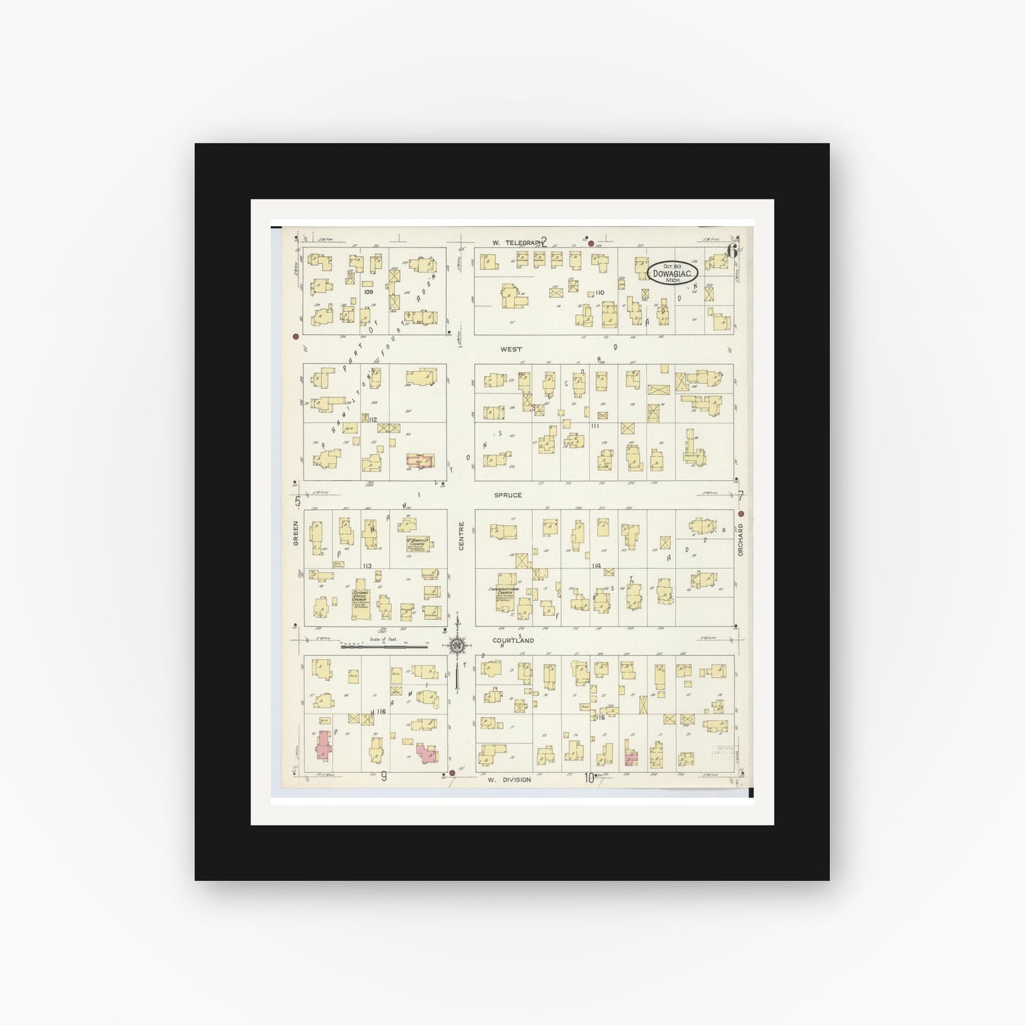 Old map wall art mockup — black gallery frame with white mat — Sanborn Fire Insurance Map from Dowagiac, Cass County, Michigan (1913), Sheet #0006