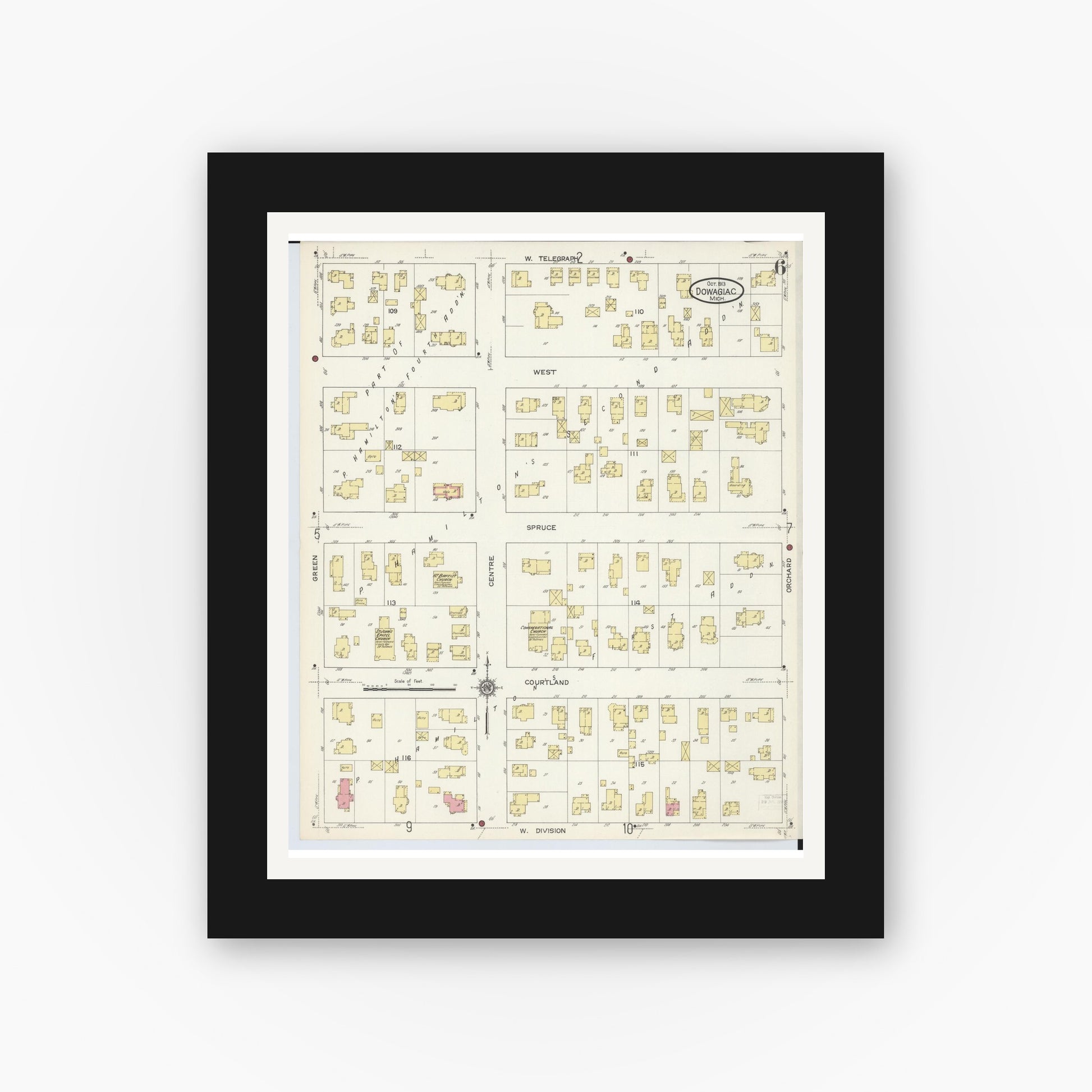 Old map wall art mockup — black gallery frame with white mat — Sanborn Fire Insurance Map from Dowagiac, Cass County, Michigan (1913), Sheet #0006