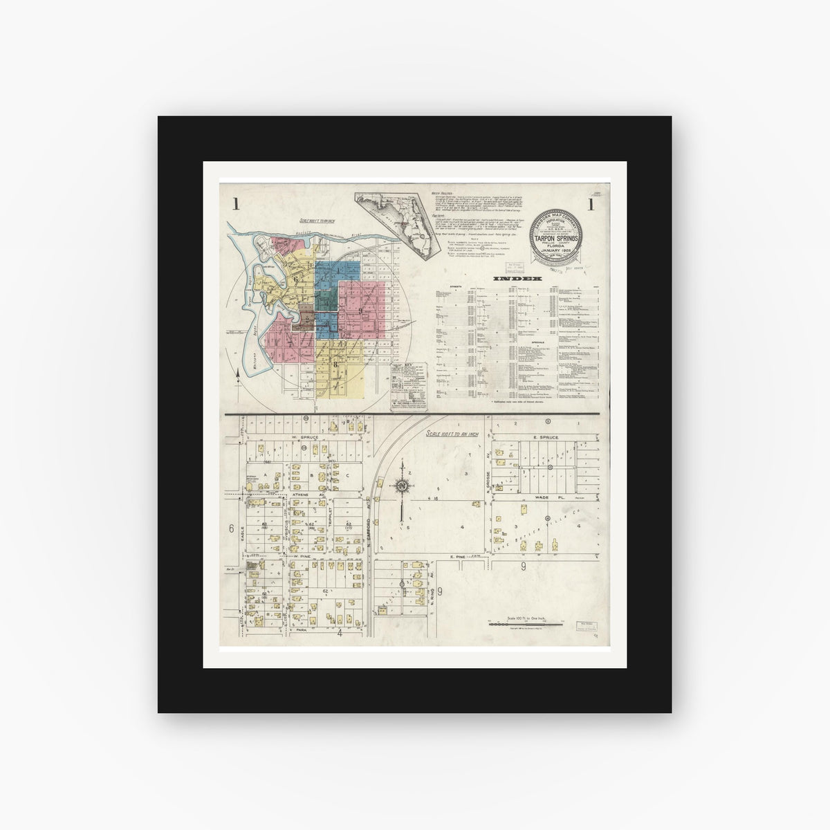 Old map wall art mockup — black gallery frame with white mat — Sanborn Fire Insurance Map from Tarpon Springs, Pinellas County, Florida (1926) - Complete Map Set