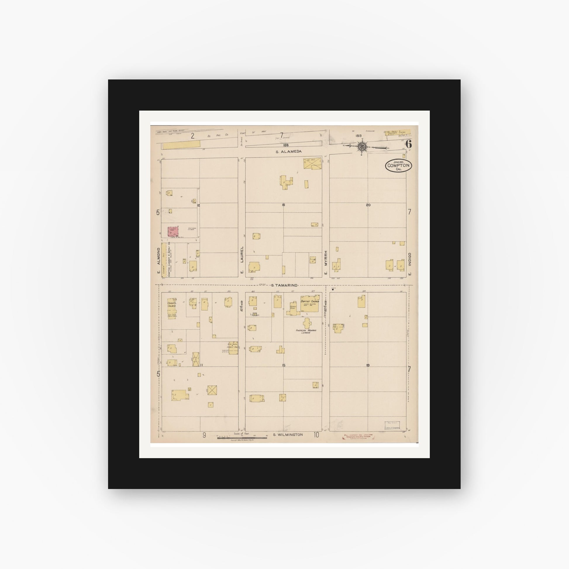 Old map wall art mockup — black gallery frame with white mat — Sanborn Fire Insurance Map from Compton, Los Angeles County, California (1922), Sheet #0006