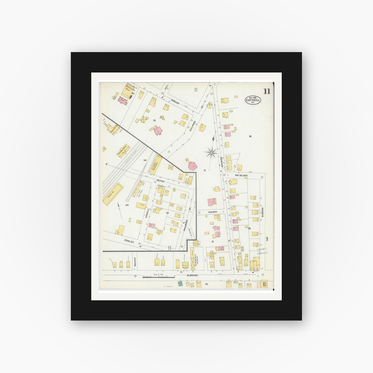 Old map wall art mockup — black gallery frame with white mat — Sanborn Fire Insurance Map from Catskill, Greene County, New York (1903), Sheet #0011