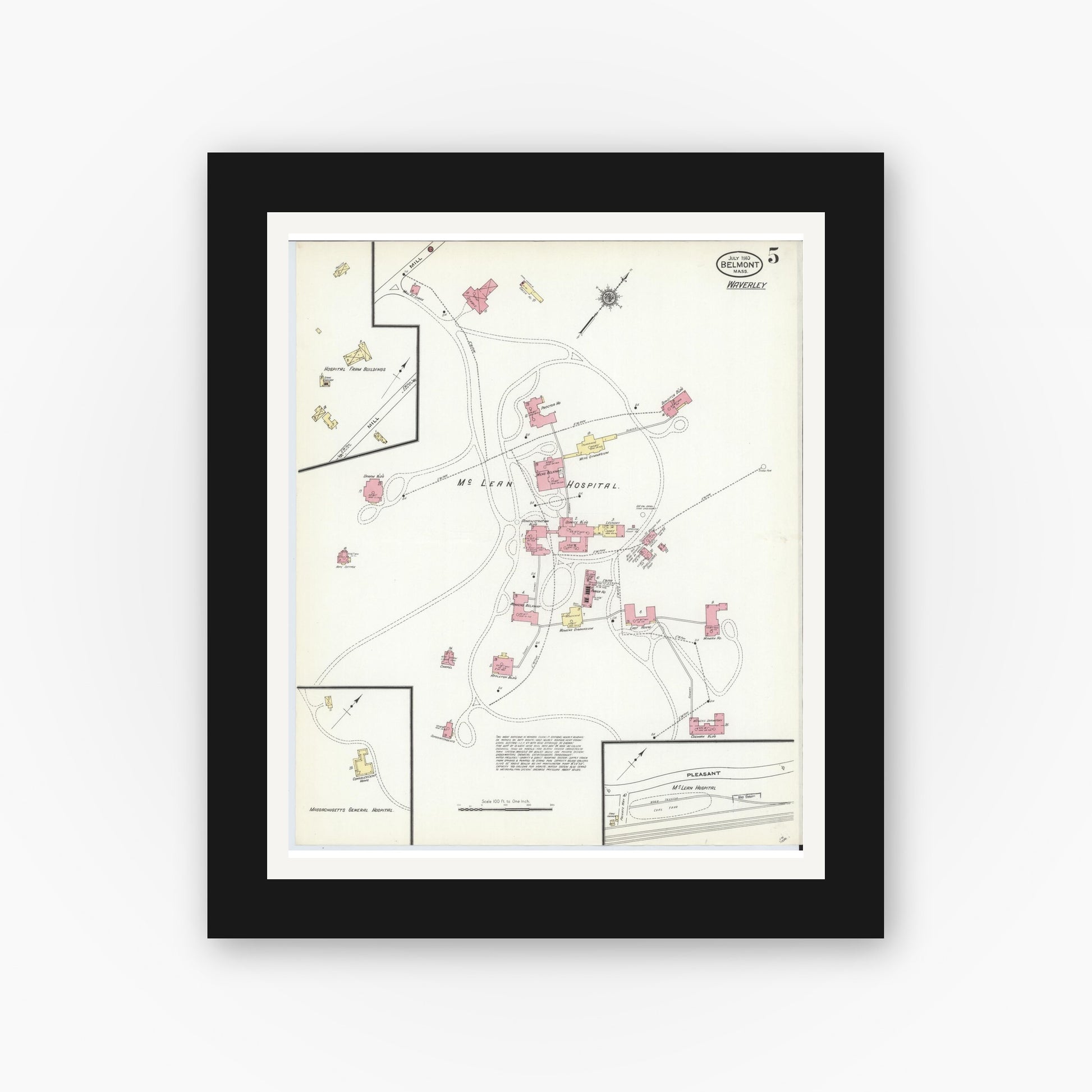 Old map wall art mockup — black gallery frame with white mat — Sanborn Fire Insurance Map from Belmont, Middlesex County, Massachusetts (1910), Sheet #0005