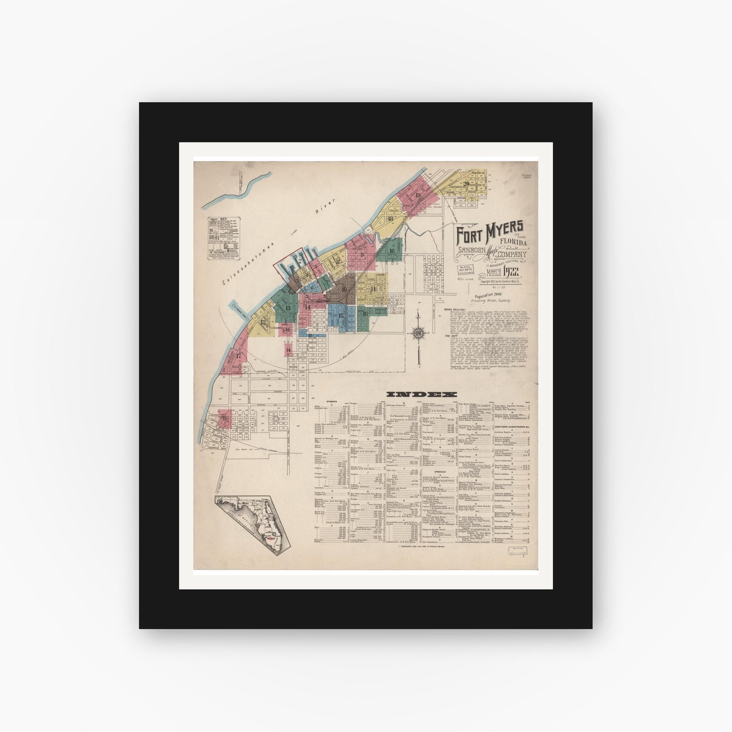Old map wall art mockup — black gallery frame with white mat — Sanborn Fire Insurance Map from Fort Myers, Lee County, Florida (1922) - Complete Map Set