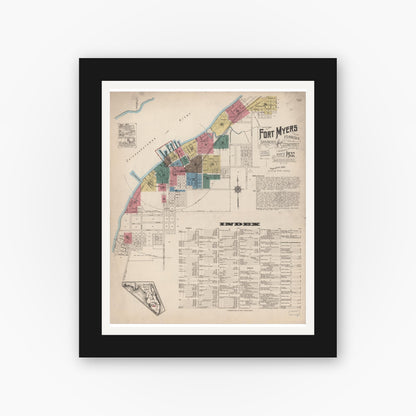 Old map wall art mockup — black gallery frame with white mat — Sanborn Fire Insurance Map from Fort Myers, Lee County, Florida (1922) - Complete Map Set