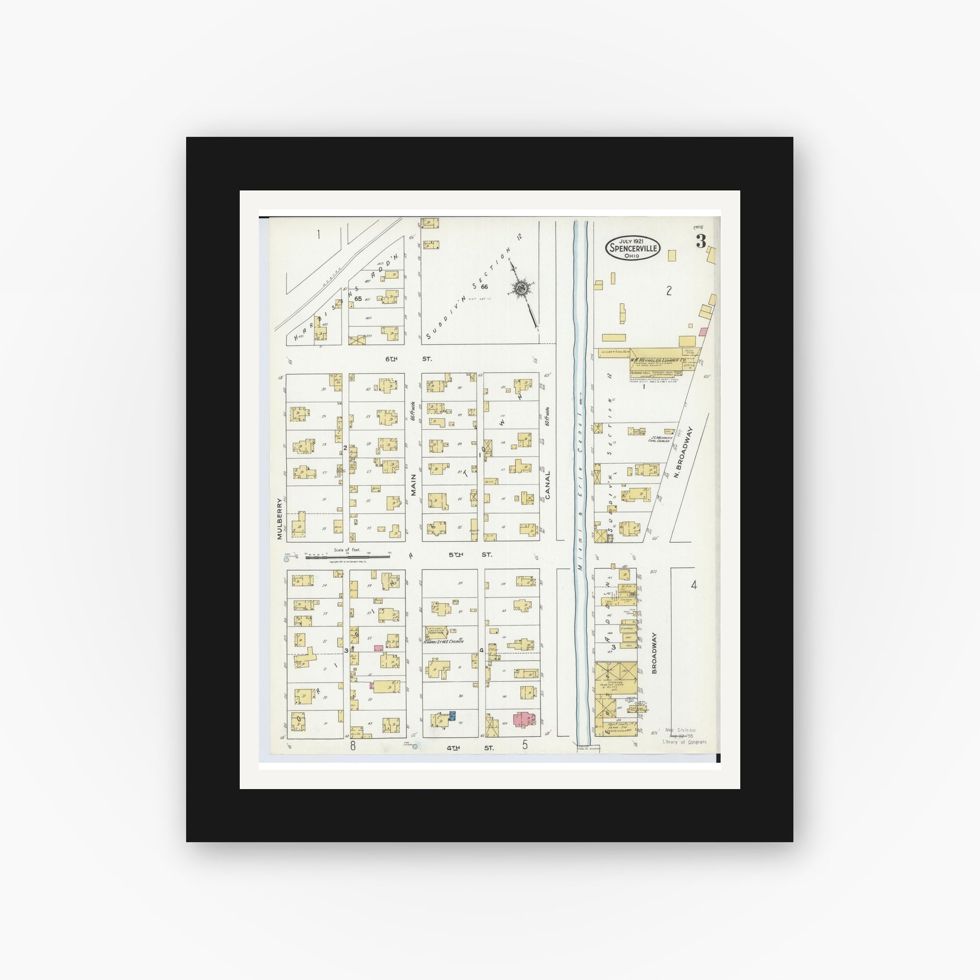 Old map wall art mockup — black gallery frame with white mat — Sanborn Fire Insurance Map from Spencerville, Allen County, Ohio (1921), Sheet #0003