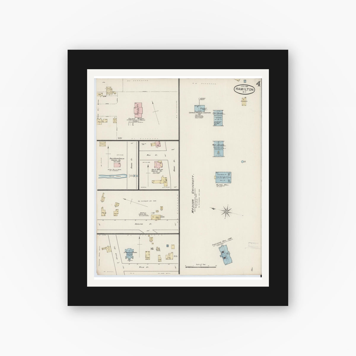 Old map wall art mockup — black gallery frame with white mat — Sanborn Fire Insurance Map from Hamilton, Madison County, New York (1887), Sheet #0004