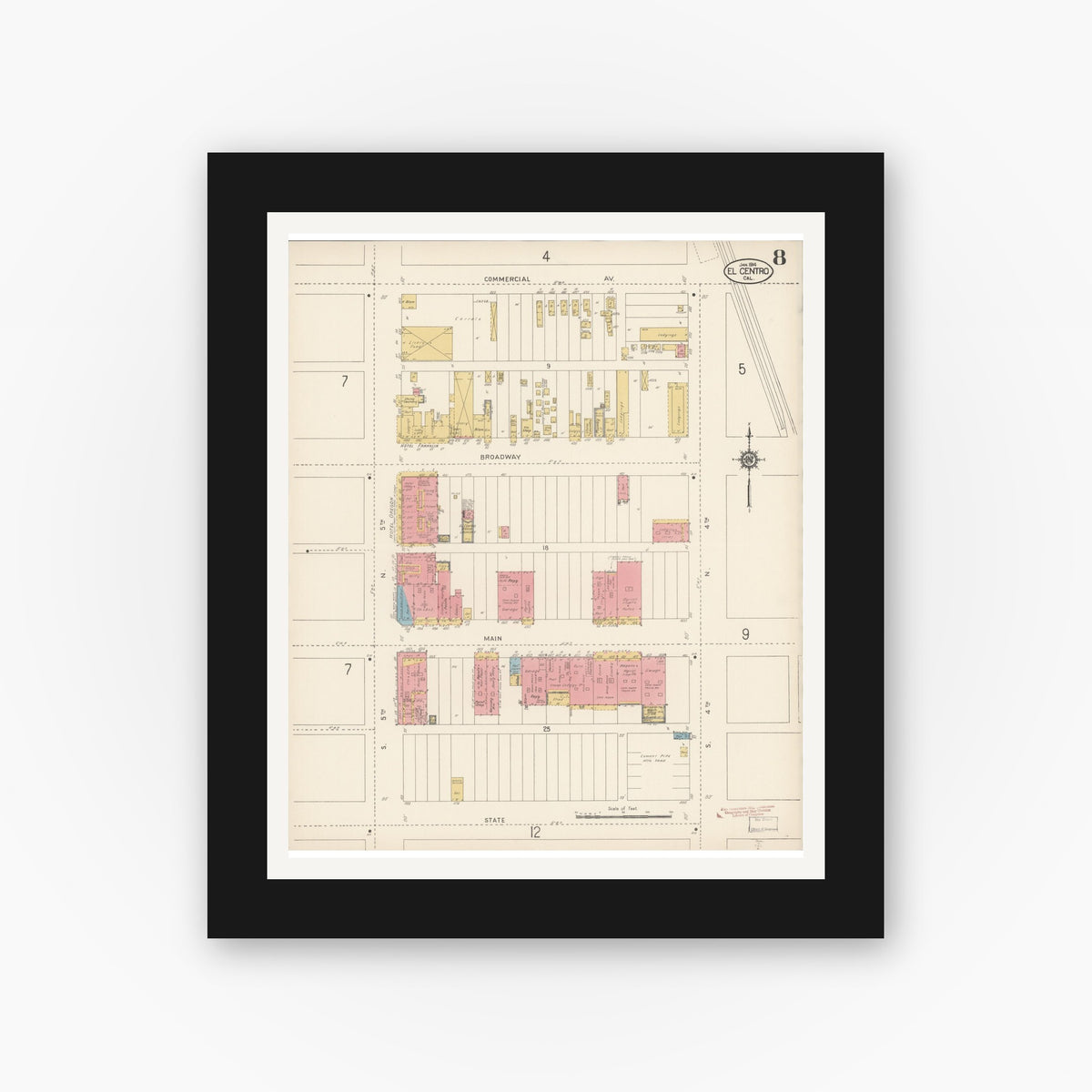 Old map wall art mockup — black gallery frame with white mat — Sanborn Fire Insurance Map from El Centro, Imperial County, California (1914), Sheet #0008