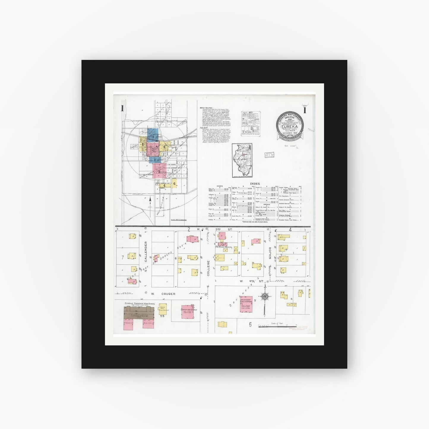 Old map wall art mockup — black gallery frame with white mat — Sanborn Fire Insurance Map from Eureka, Woodford County, Illinois (1926) - Complete Map Set