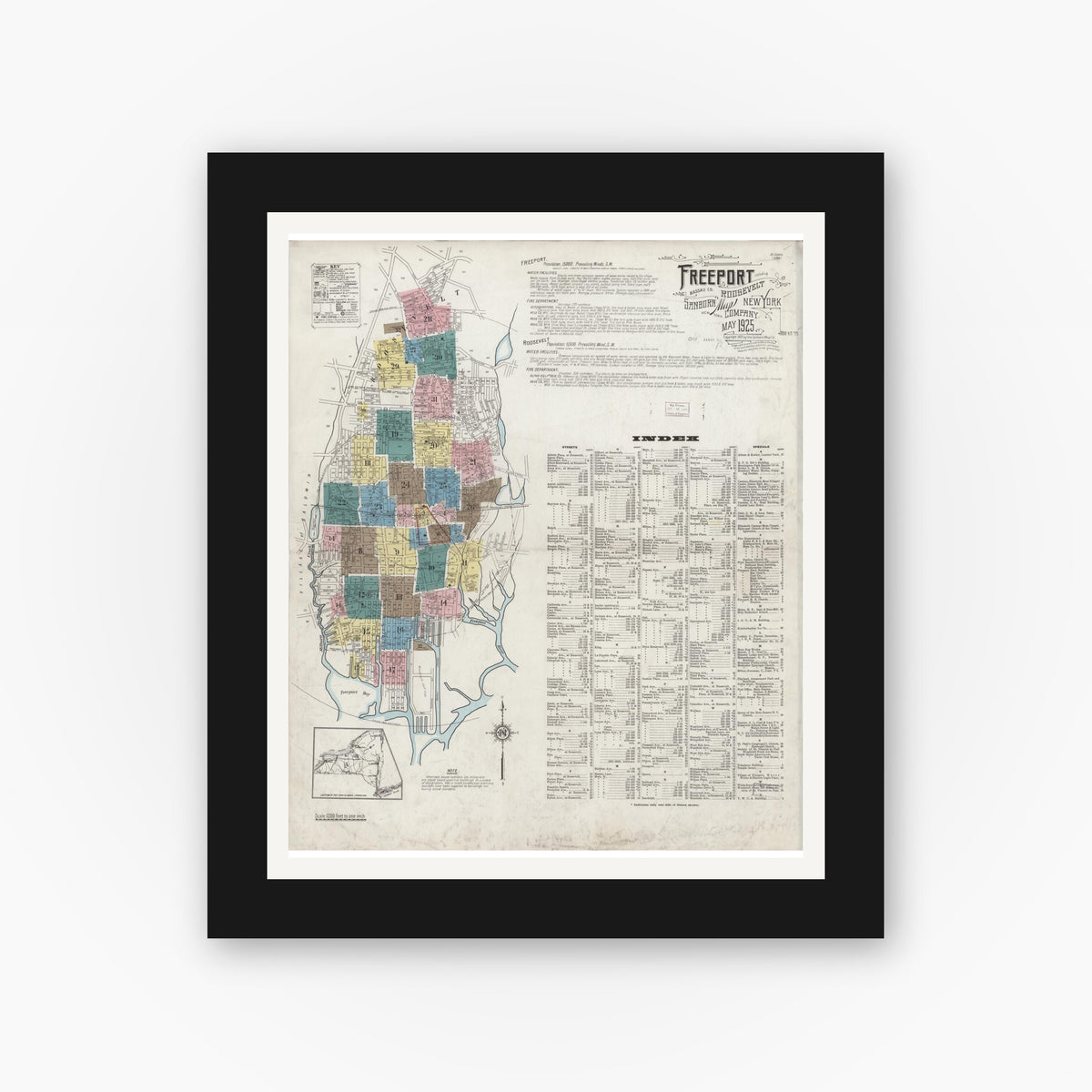 Old map wall art mockup — black gallery frame with white mat — Sanborn Fire Insurance Map from Freeport, Nassau County, New York (1925) - Complete Map Set