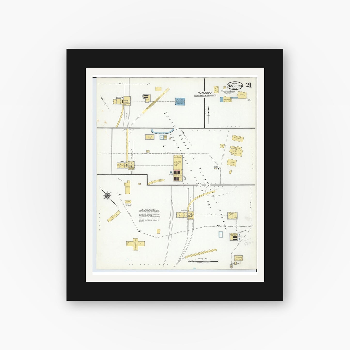 Old map wall art mockup — black gallery frame with white mat — Sanborn Fire Insurance Map from Houghton, Houghton County, Michigan (1917), Sheet #0021