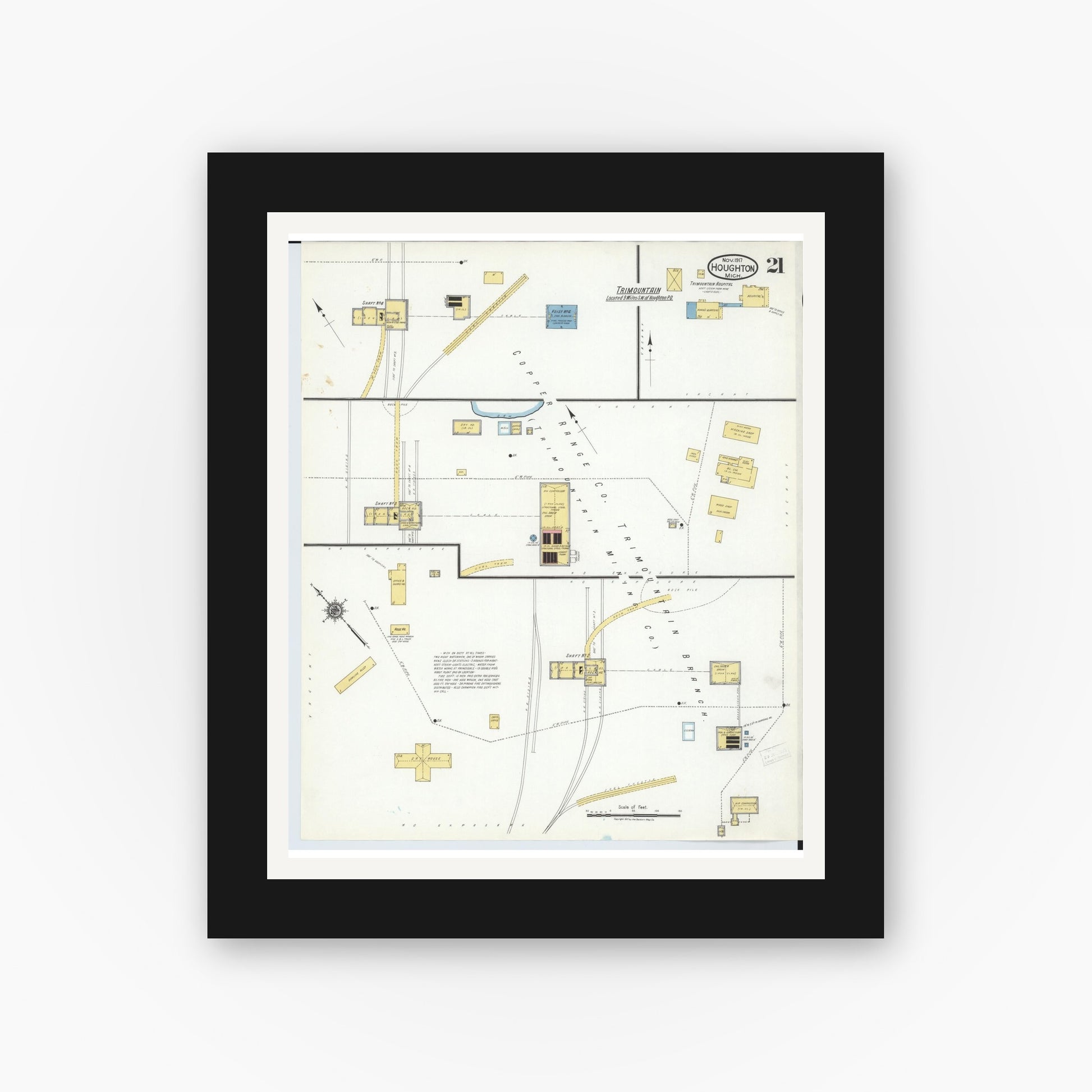 Old map wall art mockup — black gallery frame with white mat — Sanborn Fire Insurance Map from Houghton, Houghton County, Michigan (1917), Sheet #0021