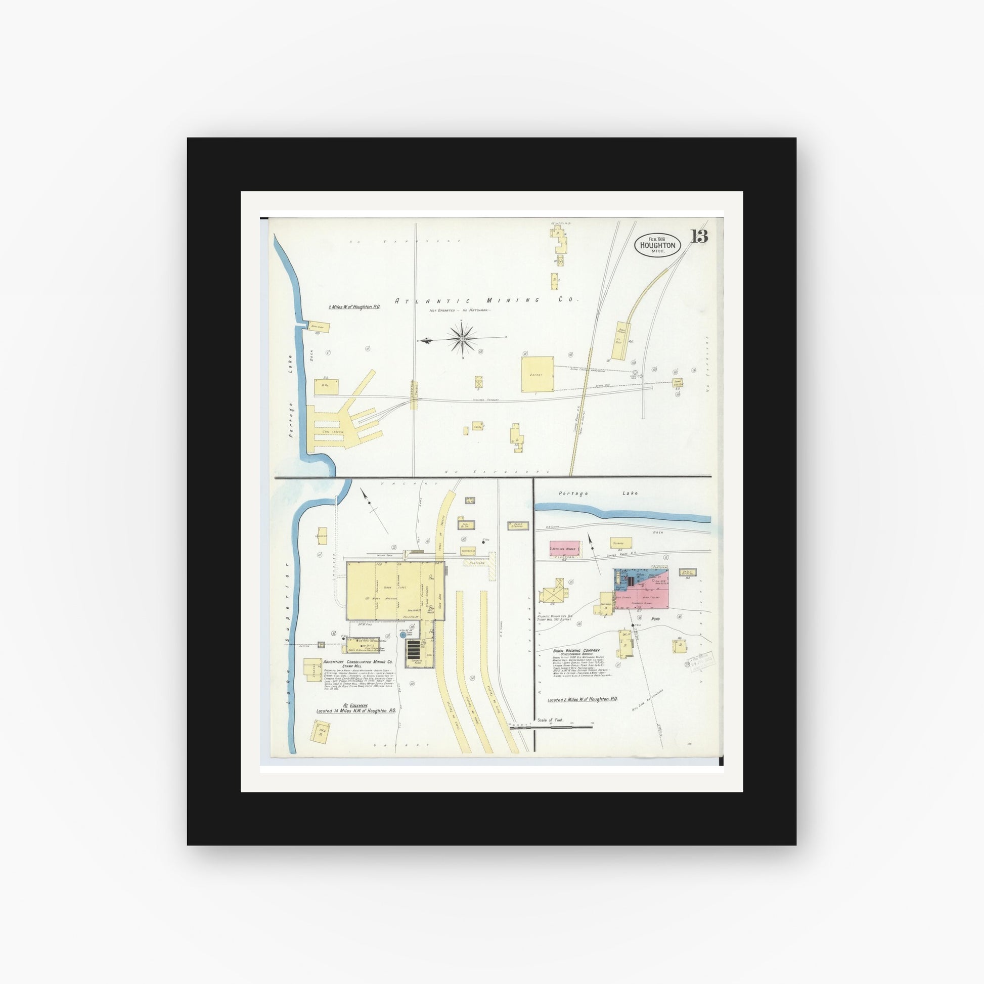 Old map wall art mockup — black gallery frame with white mat — Sanborn Fire Insurance Map from Houghton, Houghton County, Michigan (1908), Sheet #0013