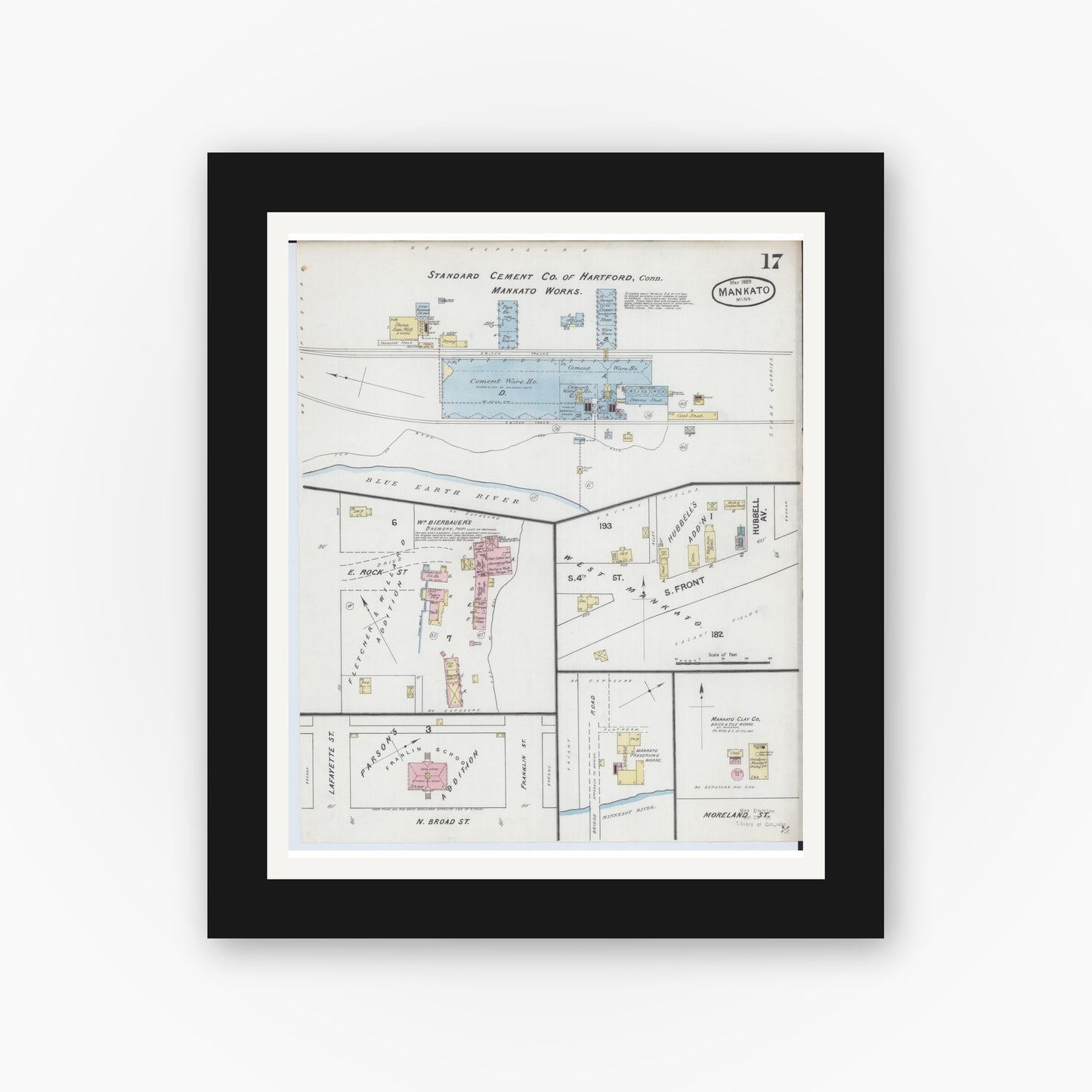 Old map wall art mockup — black gallery frame with white mat — Sanborn Fire Insurance Map from Mankato, Blue Earth County, Minnesota (1889), Sheet #0017