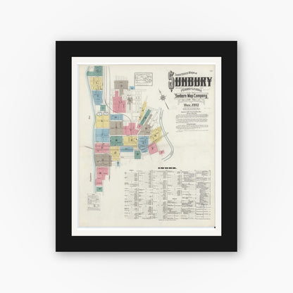 Old map wall art mockup — black gallery frame with white mat — Sanborn Fire Insurance Map from Sunbury, Northumberland County, Pennsylvania (1912) - Complete Map Set