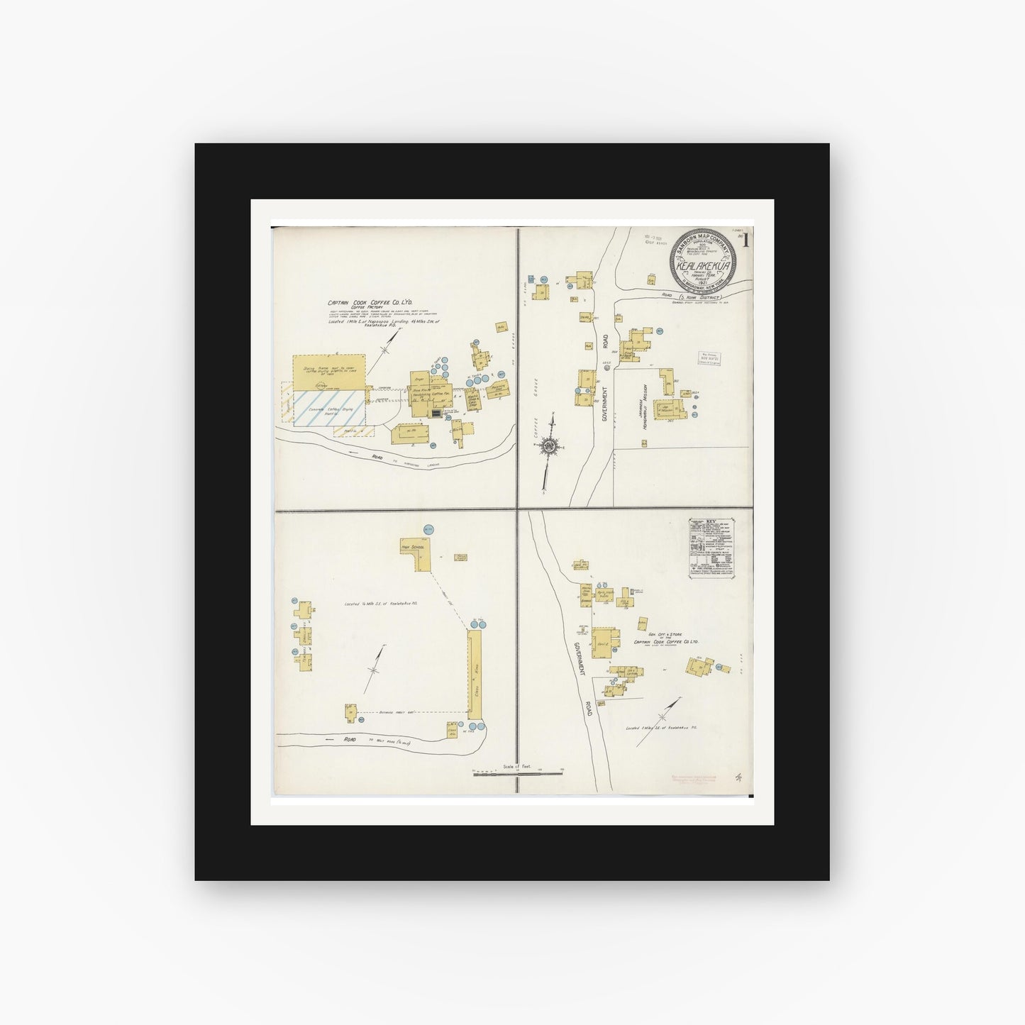 Old map wall art mockup — black gallery frame with white mat — Sanborn Fire Insurance Map from Kealakekua, Hawaii County, Hawaii (1921), Sheet #0001