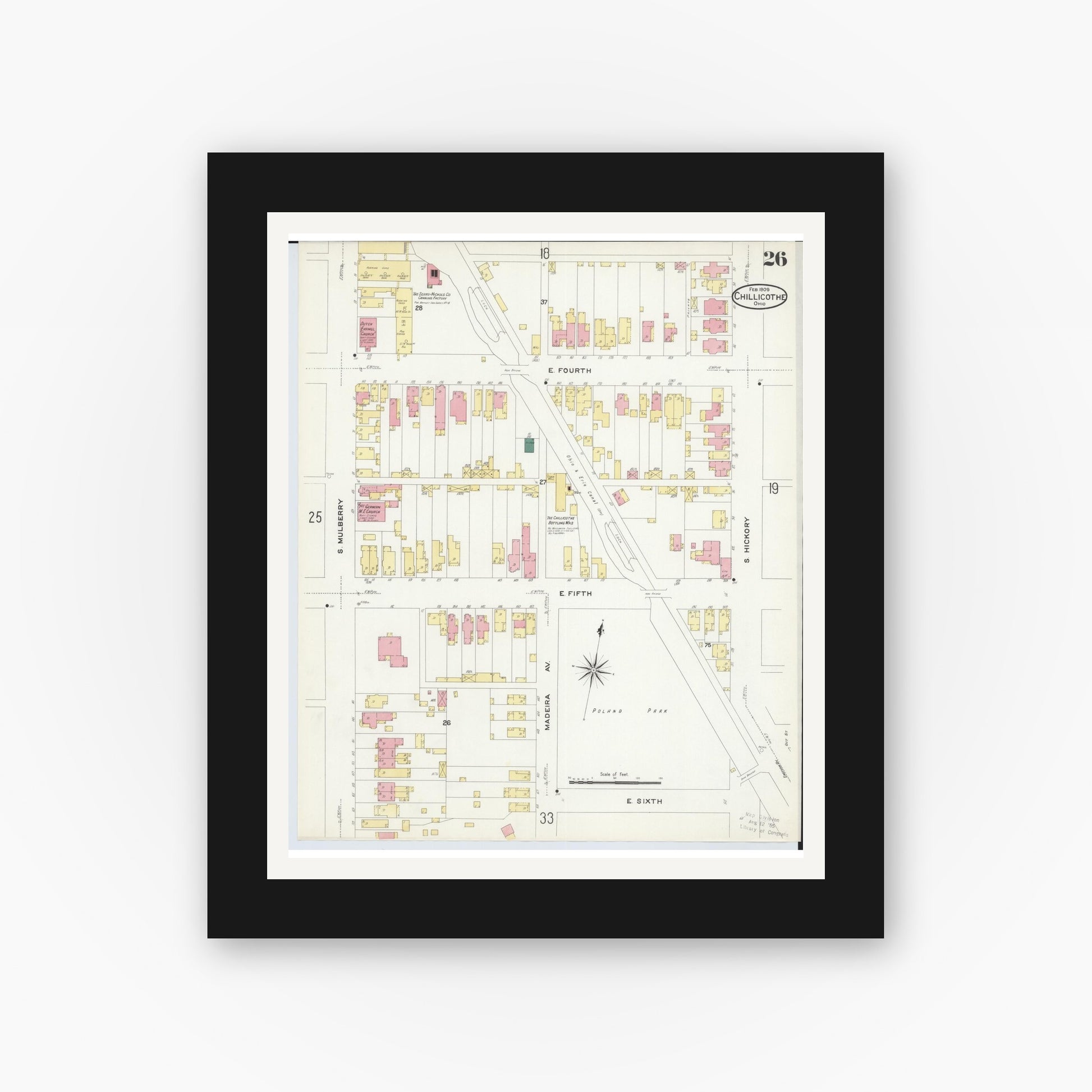 Old map wall art mockup — black gallery frame with white mat — Sanborn Fire Insurance Map from Chillicothe, Ross County, Ohio (1909), Sheet #0026