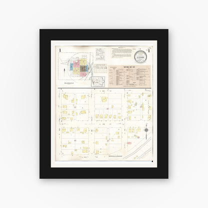 Old map wall art mockup — black gallery frame with white mat — Sanborn Fire Insurance Map from Logan, Harrison County, Iowa (1934) â€” Complete Set