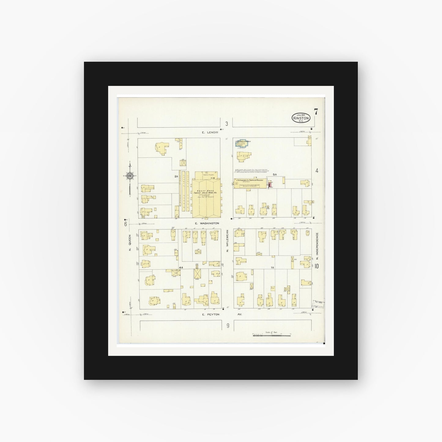 Old map wall art mockup — black gallery frame with white mat — Sanborn Fire Insurance Map from Kinston, Lenoir County, North Carolina (1914), Sheet #0007