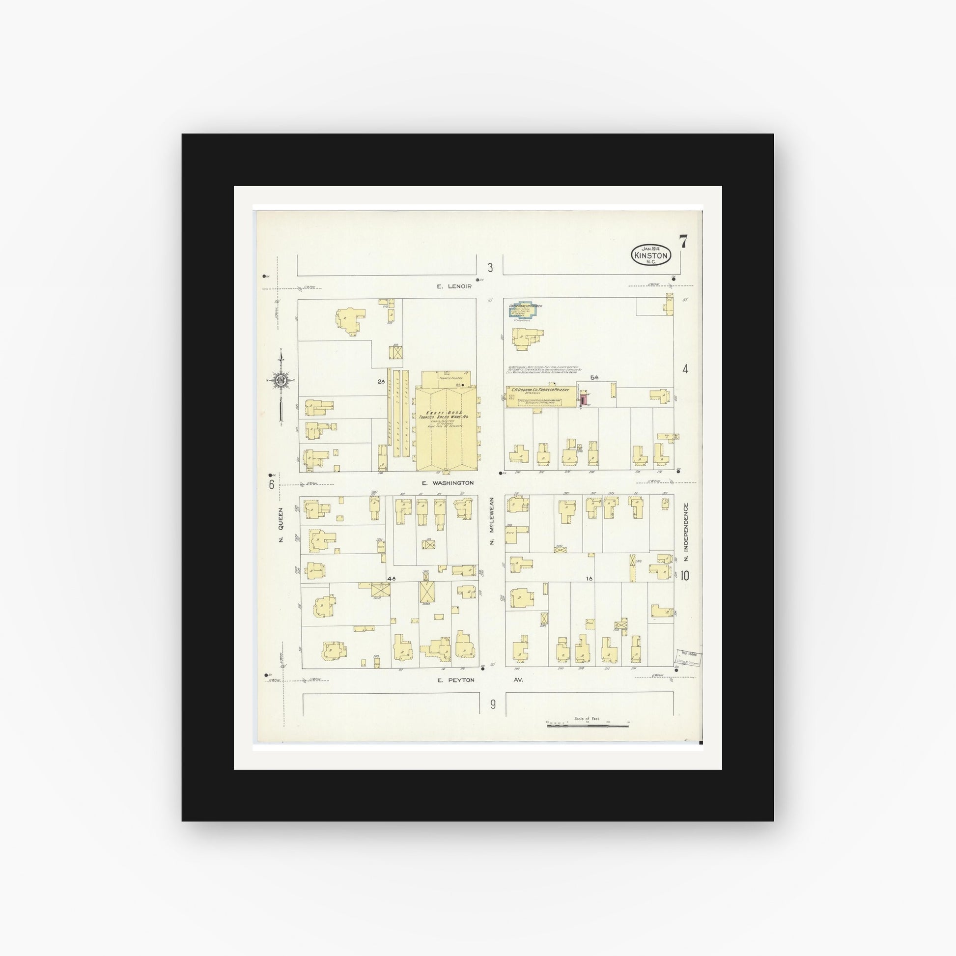 Old map wall art mockup — black gallery frame with white mat — Sanborn Fire Insurance Map from Kinston, Lenoir County, North Carolina (1914), Sheet #0007