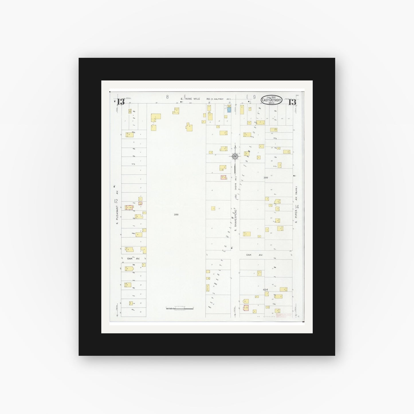 Old map wall art mockup — black gallery frame with white mat — Sanborn Fire Insurance Map from East Detroit, Macomb County, Michigan (1931), Sheet #0013