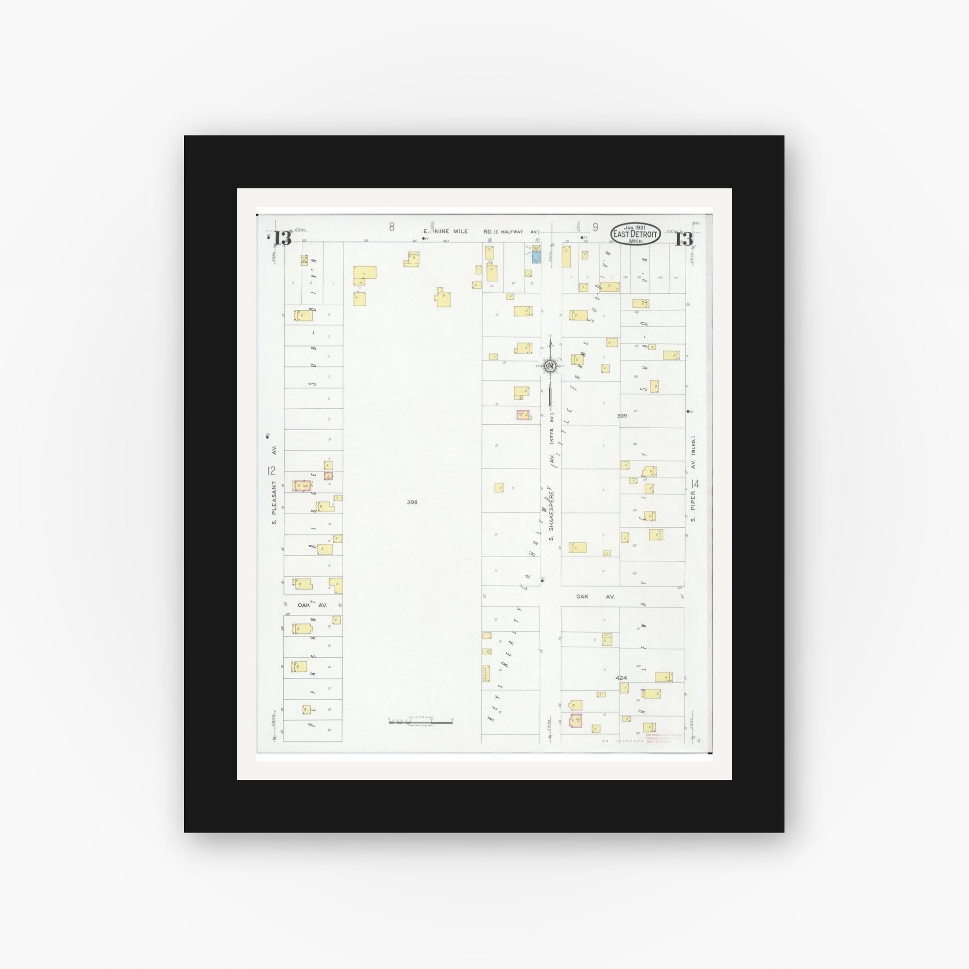 Old map wall art mockup — black gallery frame with white mat — Sanborn Fire Insurance Map from East Detroit, Macomb County, Michigan (1931), Sheet #0013