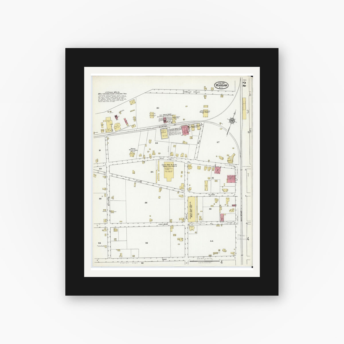 Old map wall art mockup — black gallery frame with white mat — Sanborn Fire Insurance Map from Warsaw, Duplin County, North Carolina (1921), Sheet #0002