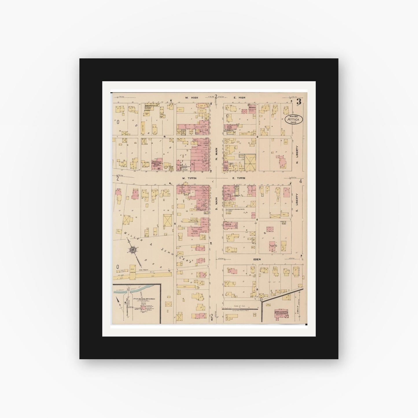 Old map wall art mockup — black gallery frame with white mat — Sanborn Fire Insurance Map from Attica, Seneca County, Ohio (1922), Sheet #0003