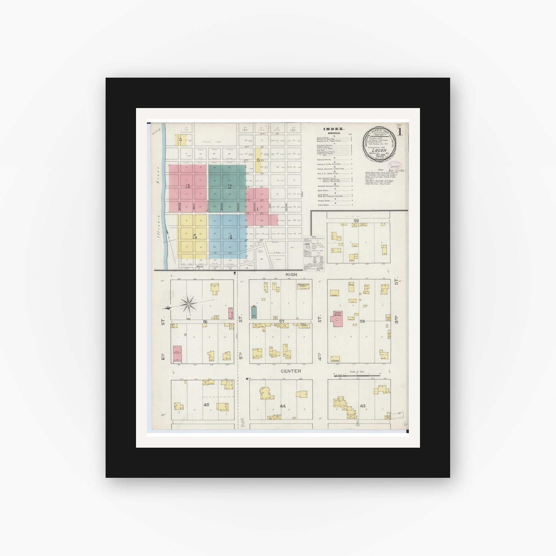 Old map wall art mockup — black gallery frame with white mat — Sanborn Fire Insurance Map from Lacon, Marshall County, Illinois (1893), Sheet #0001