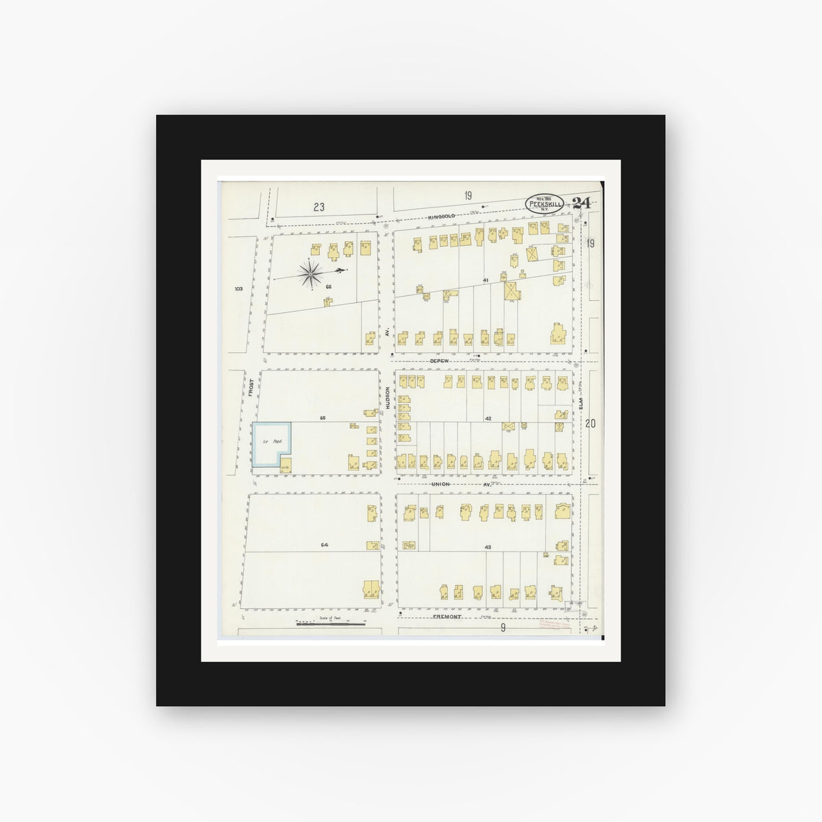 Old map wall art mockup — black gallery frame with white mat — Sanborn Fire Insurance Map from Peekskill, Westchester County, New York (1905), Sheet #0024