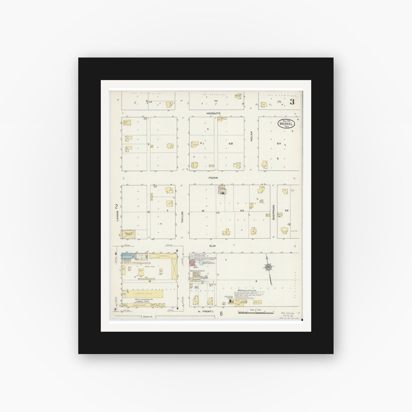 Old map wall art mockup — black gallery frame with white mat — Sanborn Fire Insurance Map from Merkel, Taylor County, Texas (1914), Sheet #0003