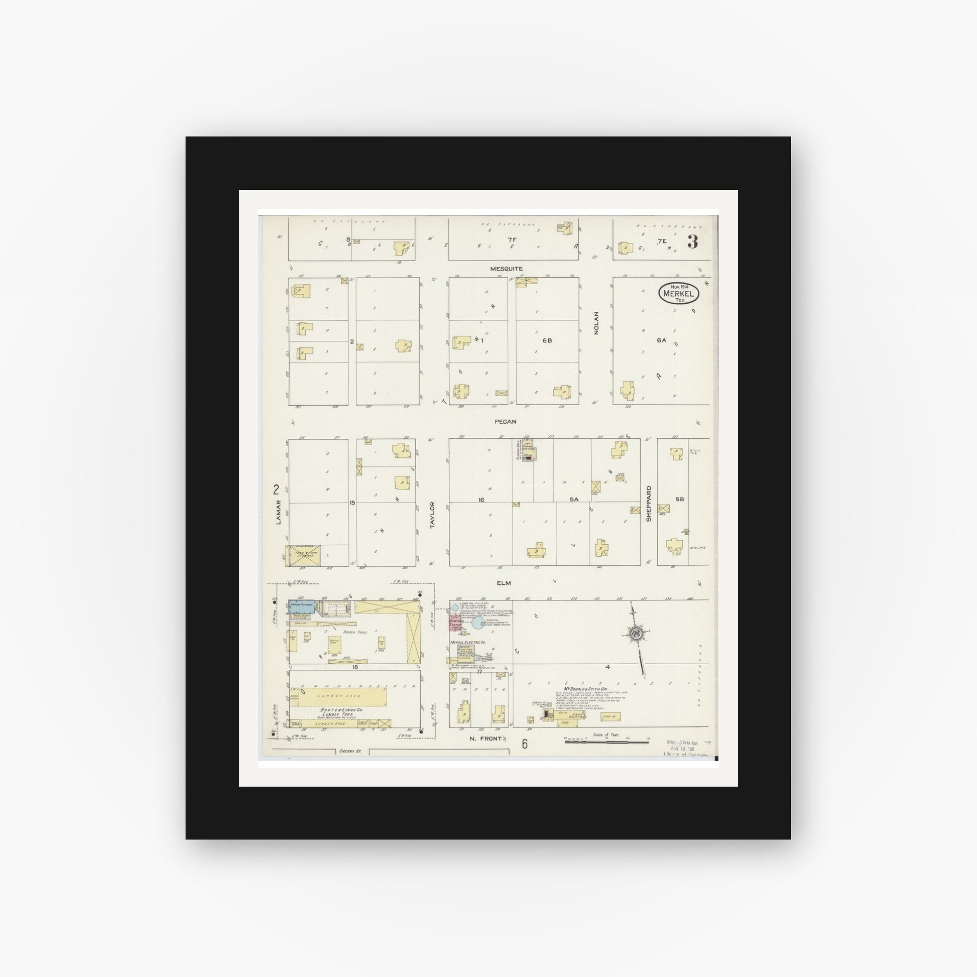 Old map wall art mockup — black gallery frame with white mat — Sanborn Fire Insurance Map from Merkel, Taylor County, Texas (1914), Sheet #0003