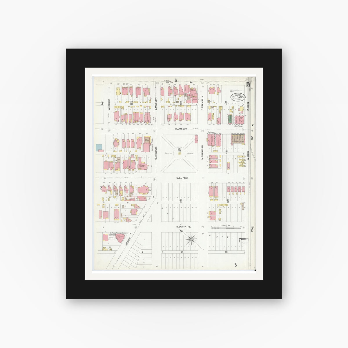 Old map wall art mockup — black gallery frame with white mat — Sanborn Fire Insurance Map from El Paso, El Paso County, Texas (1902), Sheet #0005