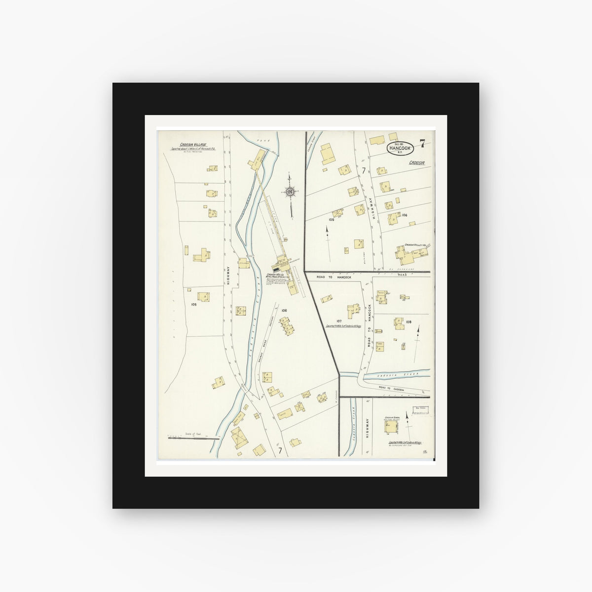 Old map wall art mockup — black gallery frame with white mat — Sanborn Fire Insurance Map from Hancock, Delaware County, New York (1911), Sheet #0007