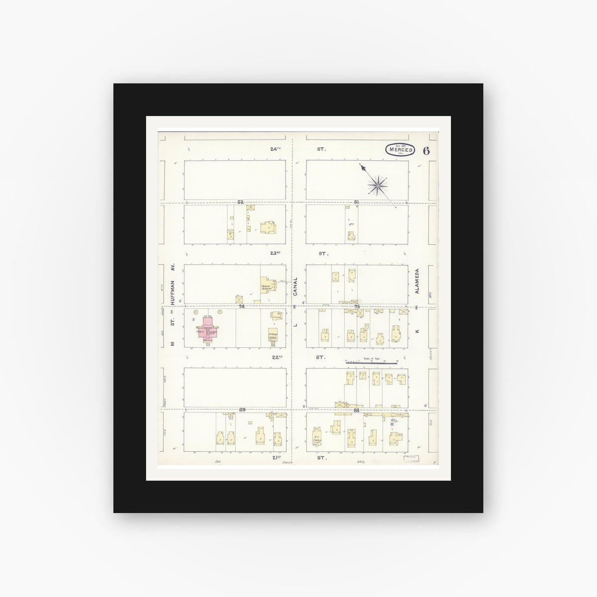 Old map wall art mockup — black gallery frame with white mat — Sanborn Fire Insurance Map from Merced, Merced County, California (1891), Sheet #0006