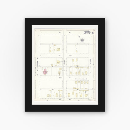 Old map wall art mockup — black gallery frame with white mat — Sanborn Fire Insurance Map from Merced, Merced County, California (1891), Sheet #0006