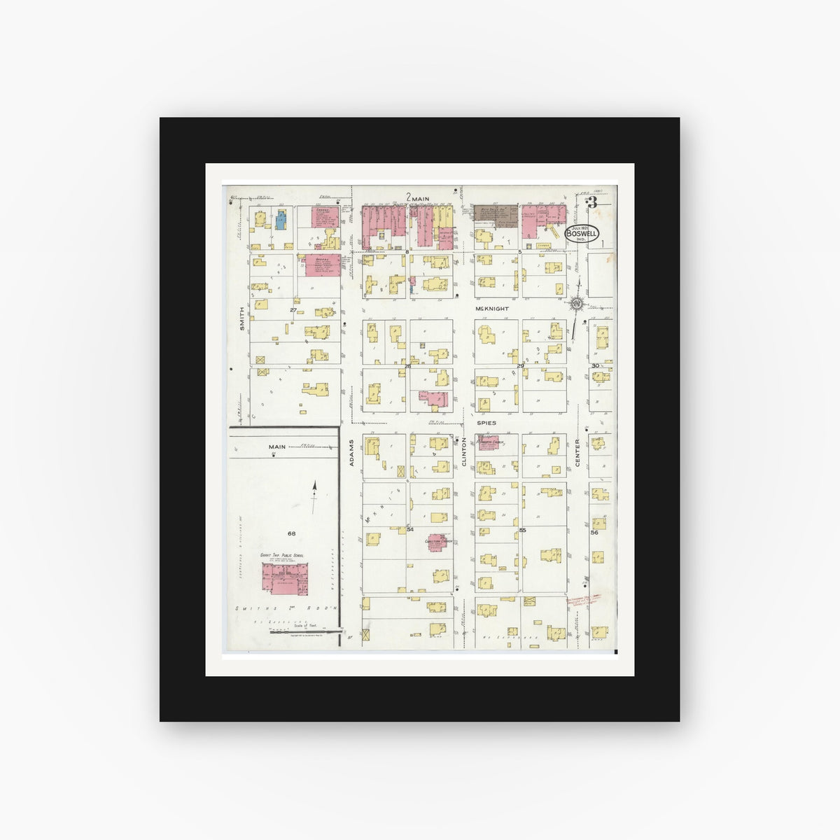 Old map wall art mockup — black gallery frame with white mat — Sanborn Fire Insurance Map from Boswell, Benton County, Indiana (1921), Sheet #0003