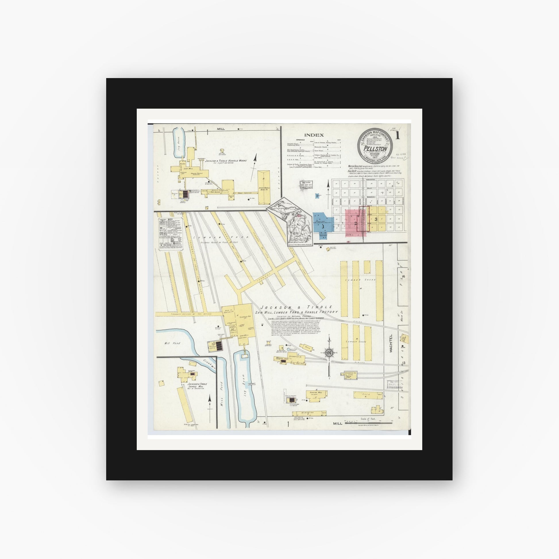 Old map wall art mockup — black gallery frame with white mat — Sanborn Fire Insurance Map from Pellston, Emmet County, Michigan (1917) - Complete Map Set