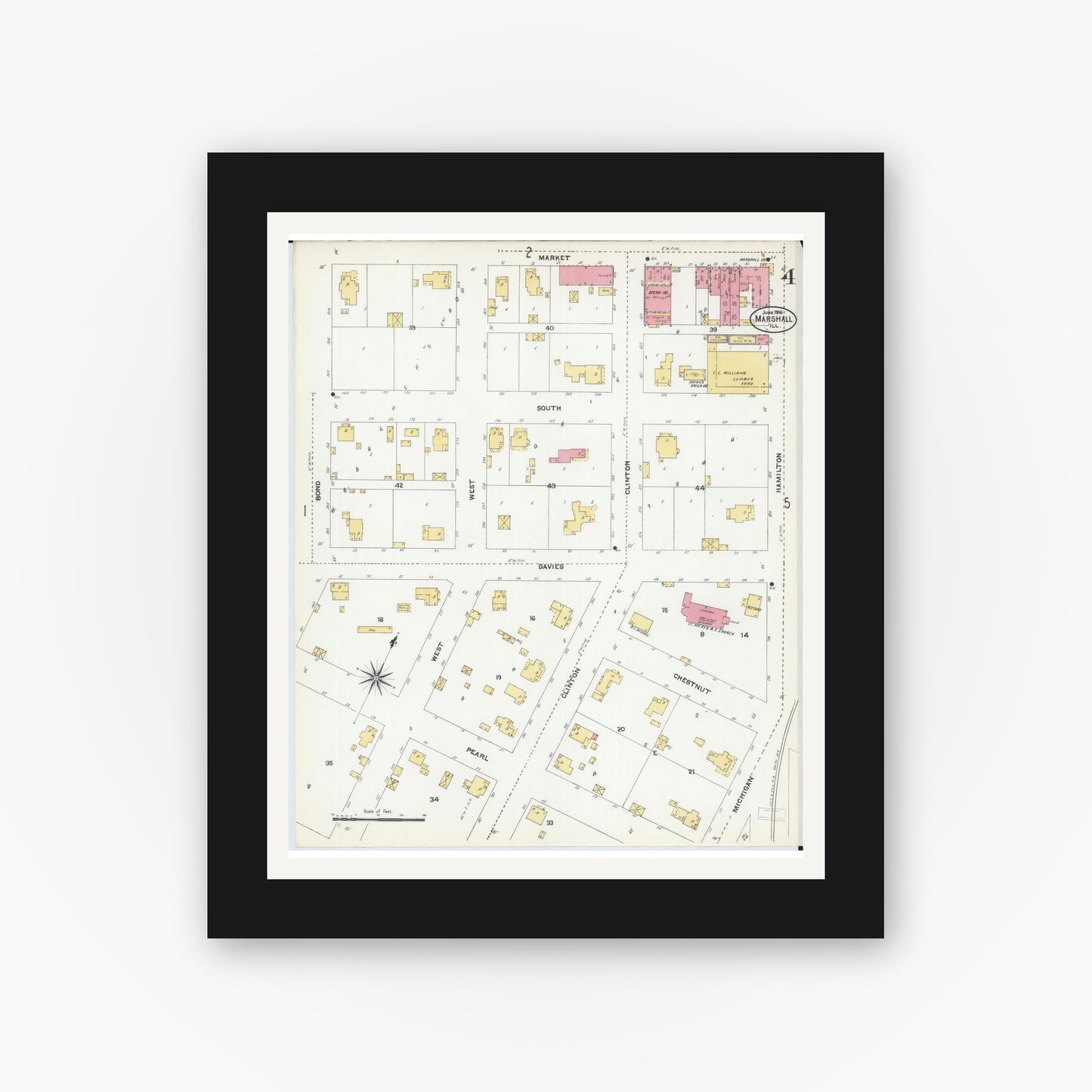 Old map wall art mockup — black gallery frame with white mat — Sanborn Fire Insurance Map from Marshall, Clark County, Illinois (1906), Sheet #0004